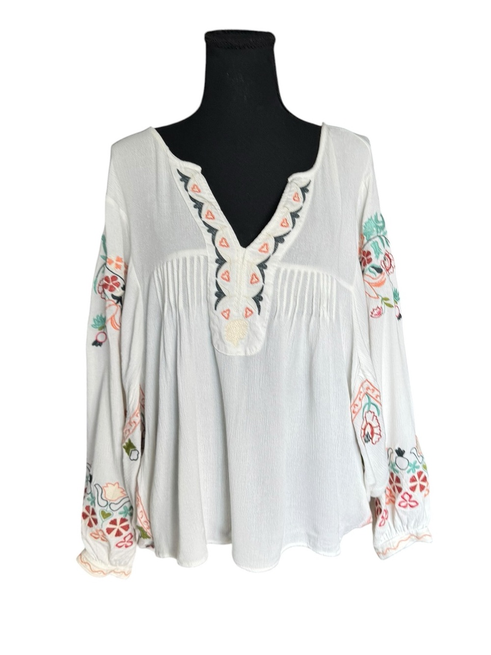 Easel Embroidered Boho Peasant Blouse White Floral Balloon Sleeve Top M